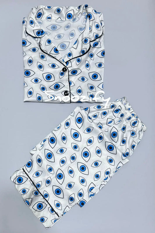 blue eyes 2pcs بجامة ستان بكُم - Snoozify