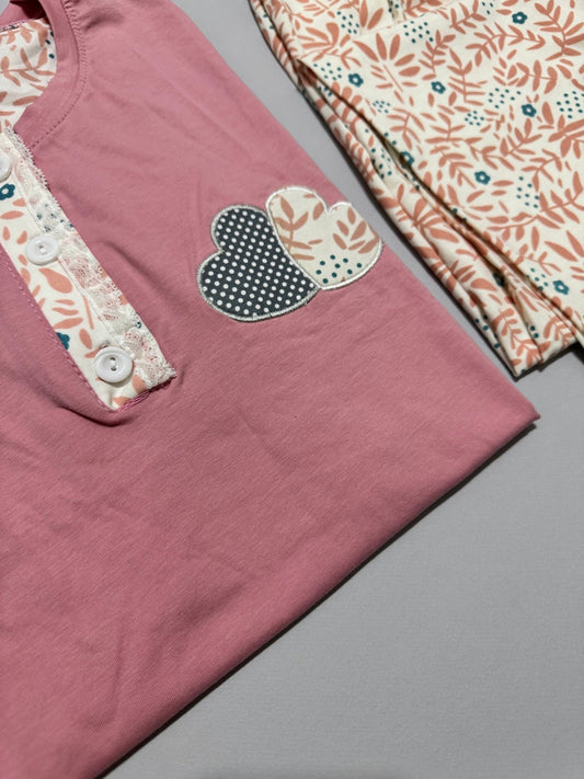 Pink heart بجامة قطن بكم - Snoozify