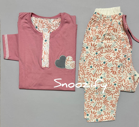 Pink heart بجامة قطن بكم - Snoozify